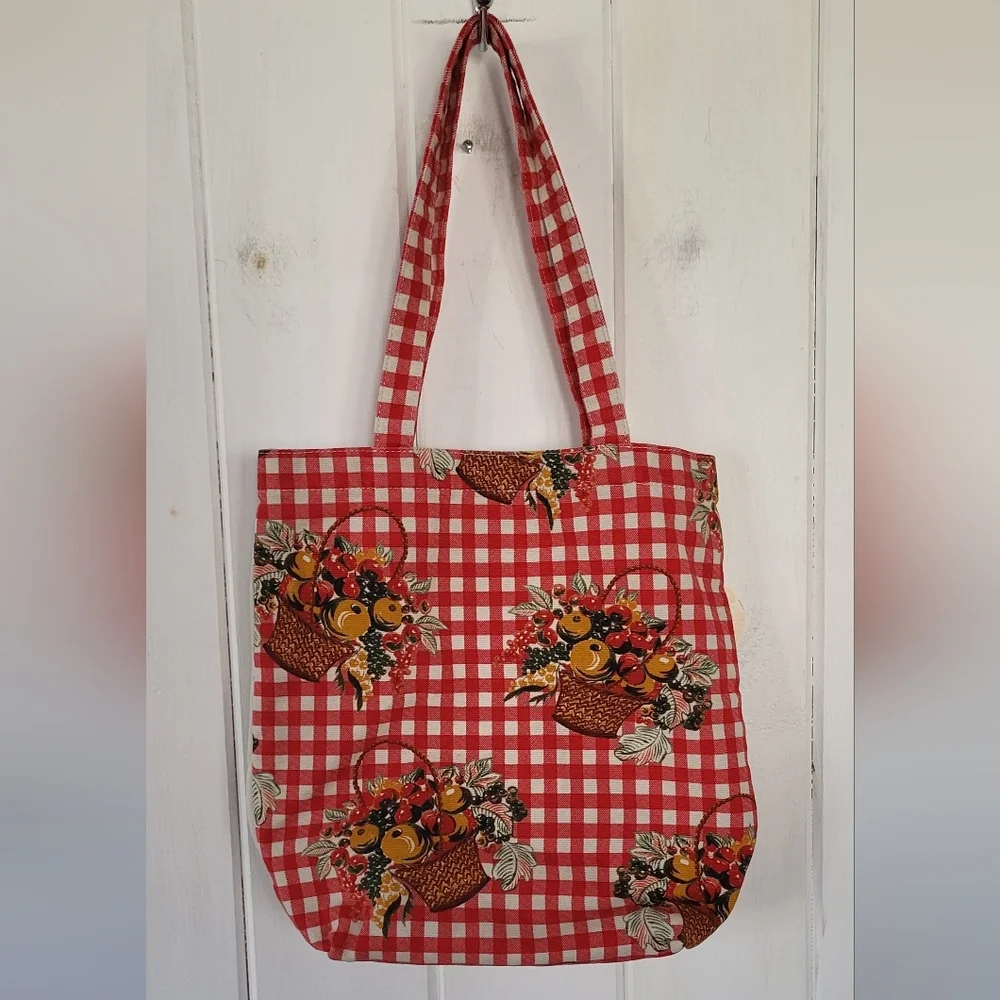 Tory Burch Canvas Gingham Fruit Print Tote Bag